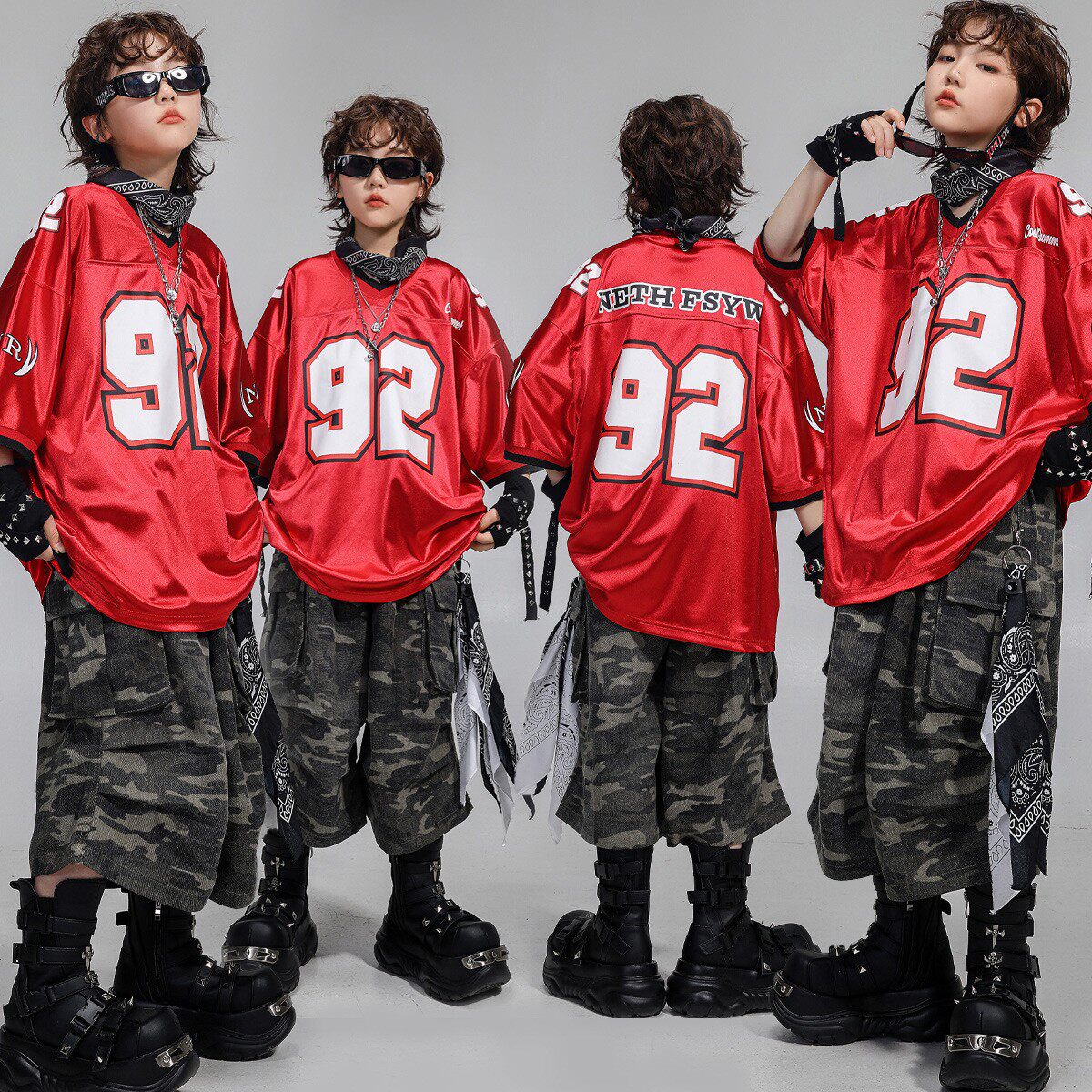街舞男童美式球衣潮服嘻哈短袖炸街服少儿hiphop表演出服女孩套装