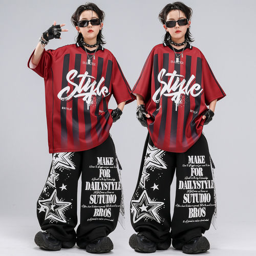 街舞服装男童黑红条纹套装走秀嘻哈儿童潮服男孩hiphop炸街演出服