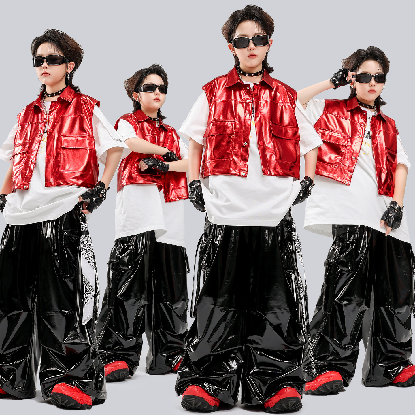 男童演出服嘻哈街舞帅气皮马甲潮牌套装少儿hiphop酷帅舞台表演服
