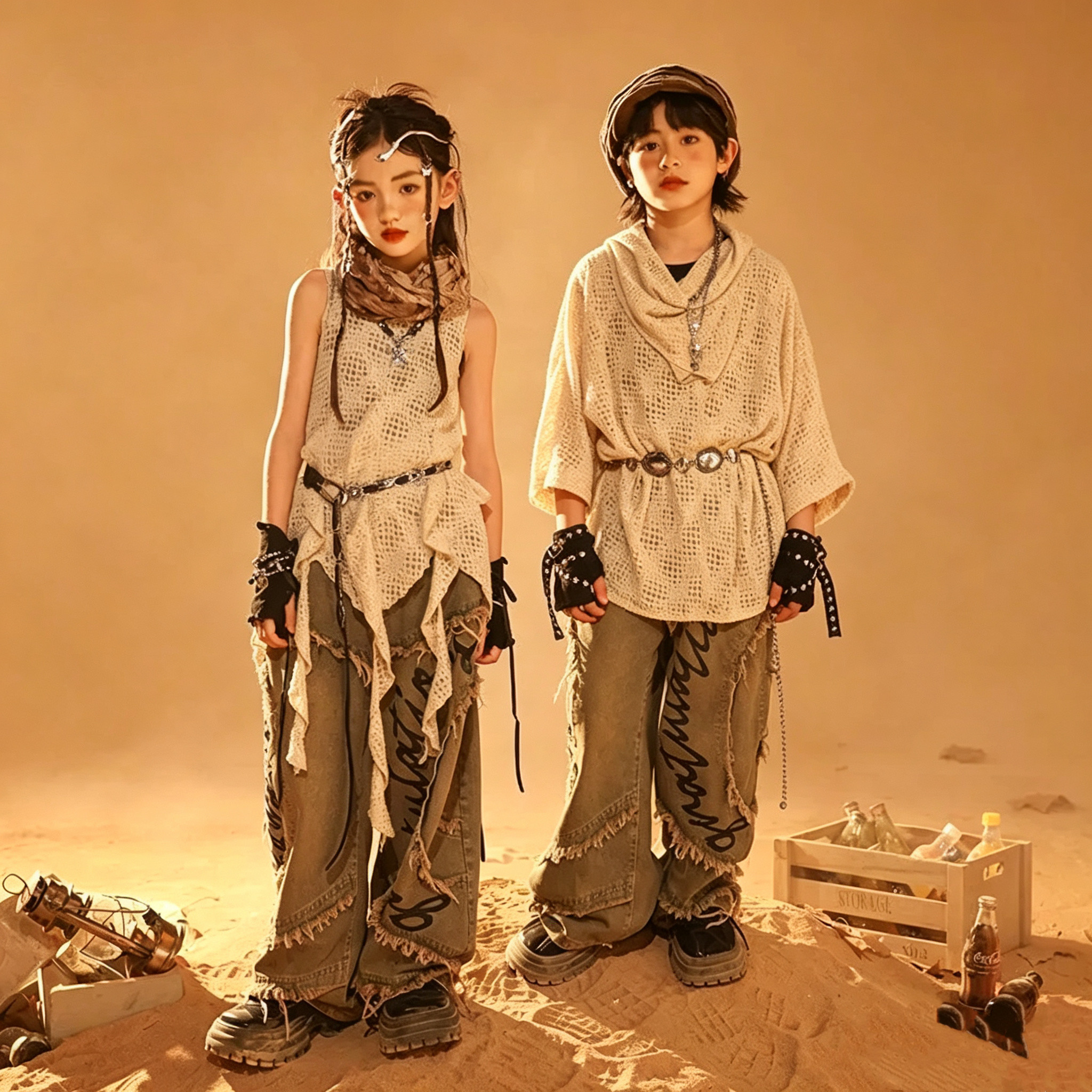 少儿街舞服套装废土风做旧牛仔裤潮嘻哈男童hiphop炸街酷帅演出服