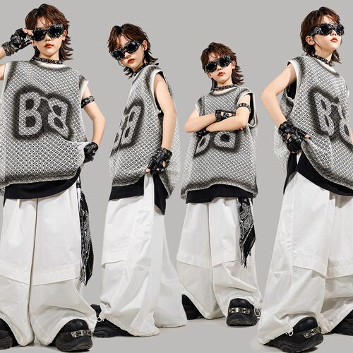 男童帅气网眼背心白工装裤街舞嘻哈潮服宽松无袖套装hiphop演出服