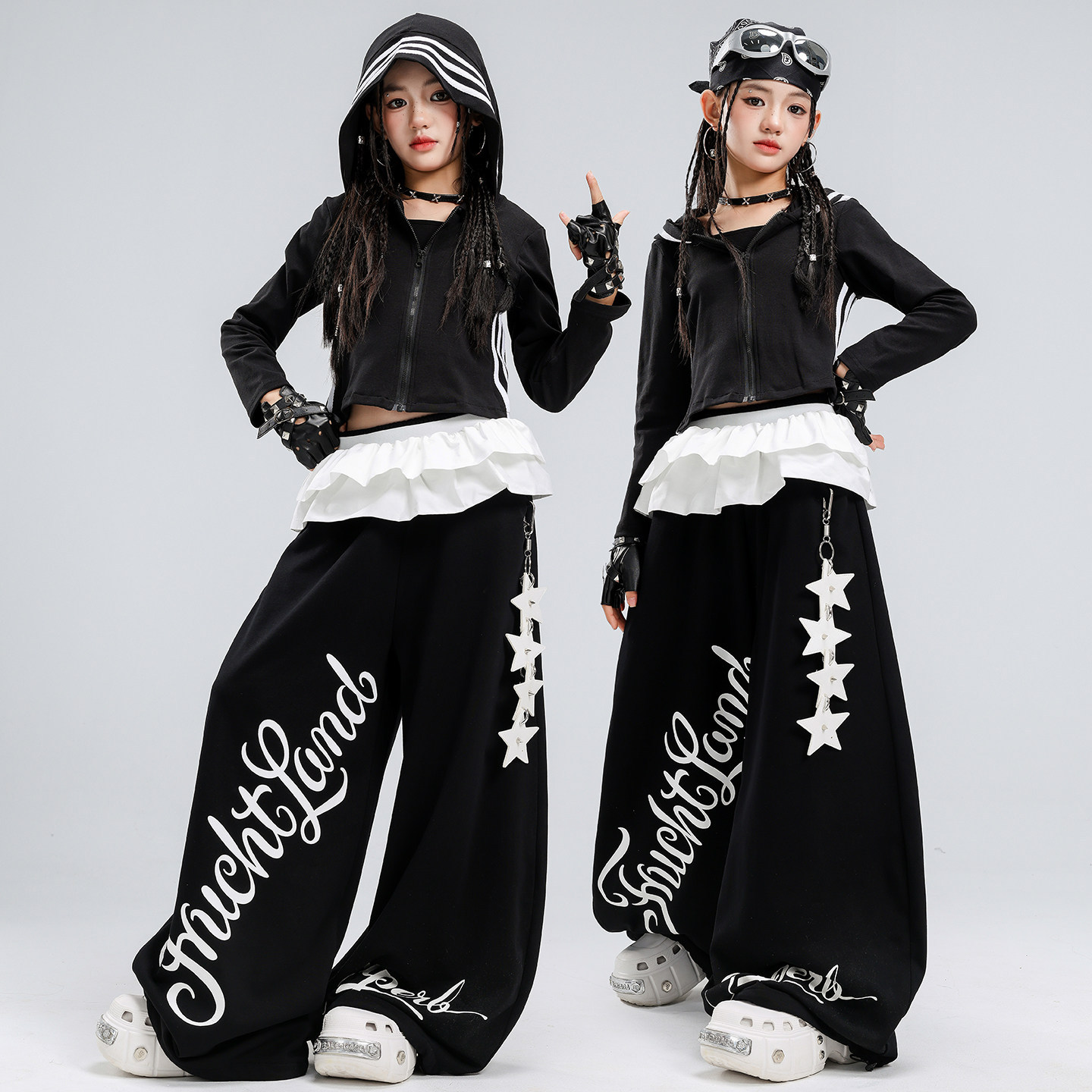 女童爵士舞服装露脐黑色连帽套装jazz少儿潮流嘻哈街舞表演服女孩图片