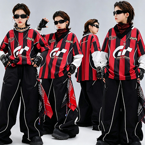 街舞儿童潮服嘻哈男童美式球衣套装少儿hiphop红黑嘻哈舞台演出服