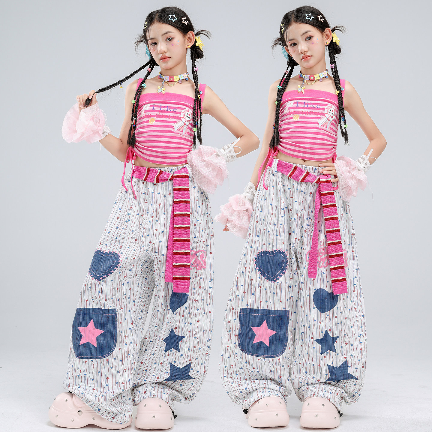儿童爵士舞服装炫酷女童粉色条纹吊带舞蹈服jazz走秀街舞表演服女