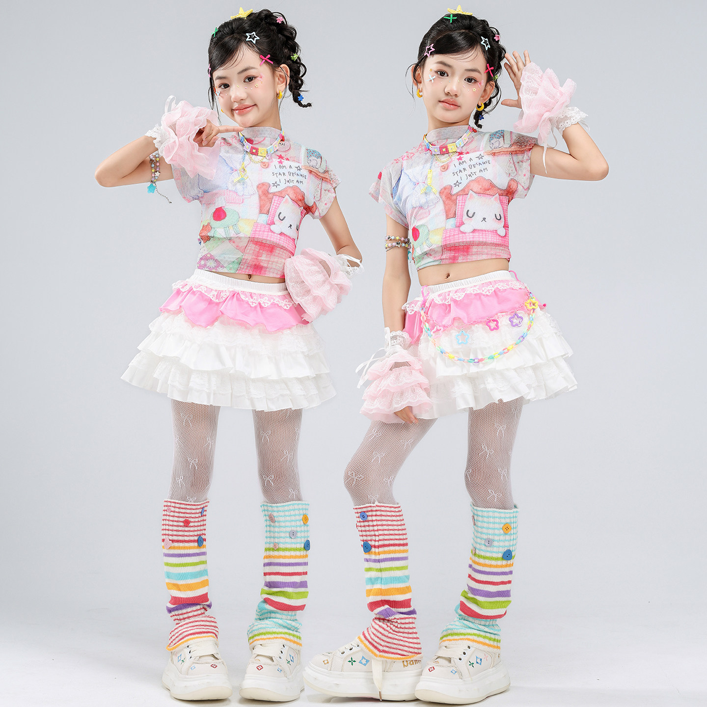 爵士舞服装女童jazz女孩露脐网纱卡通小狗短袖短裙舞蹈服走秀套装