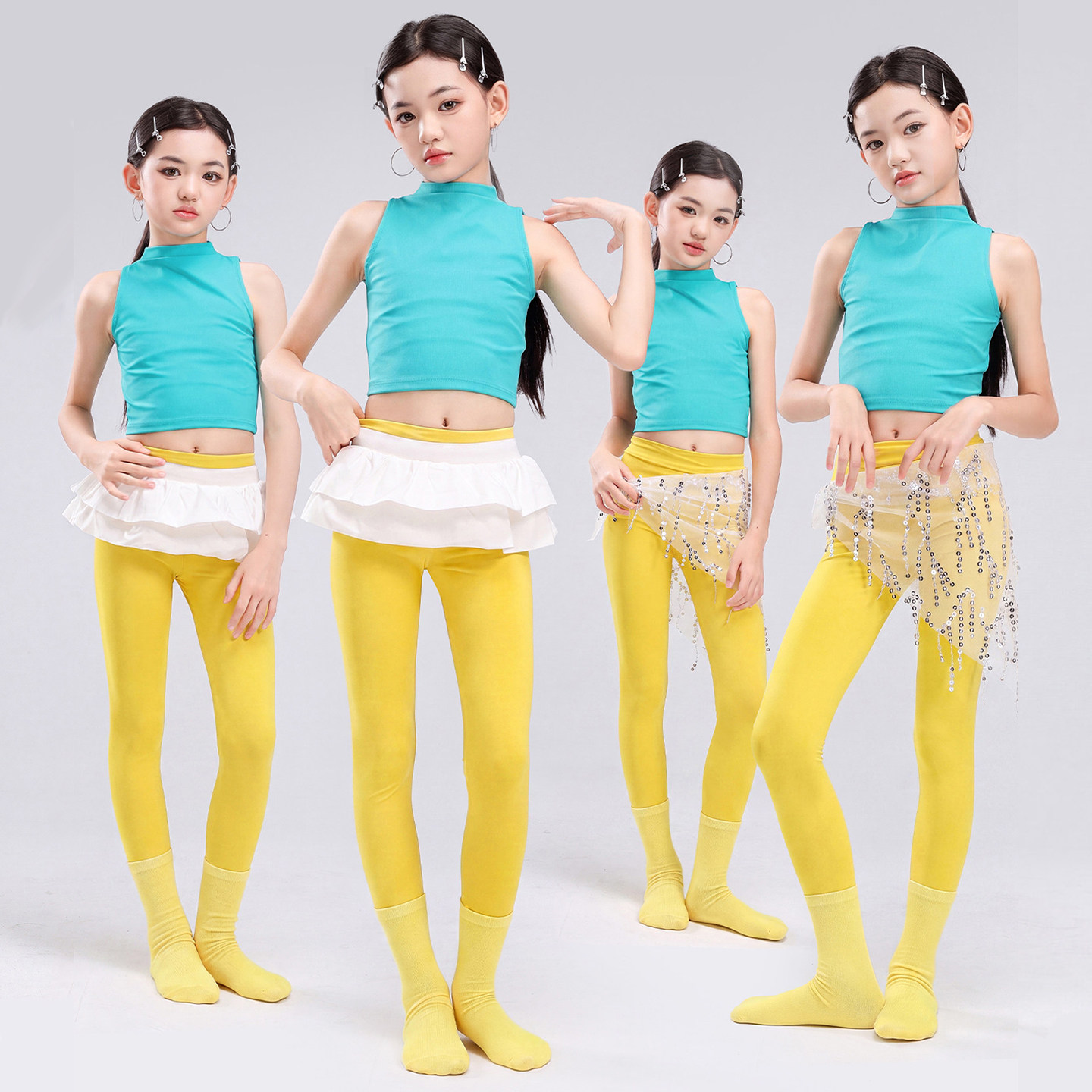 儿童舞蹈服爵士舞女童练功服绿色背心现代舞小高领瑜伽形体训练服