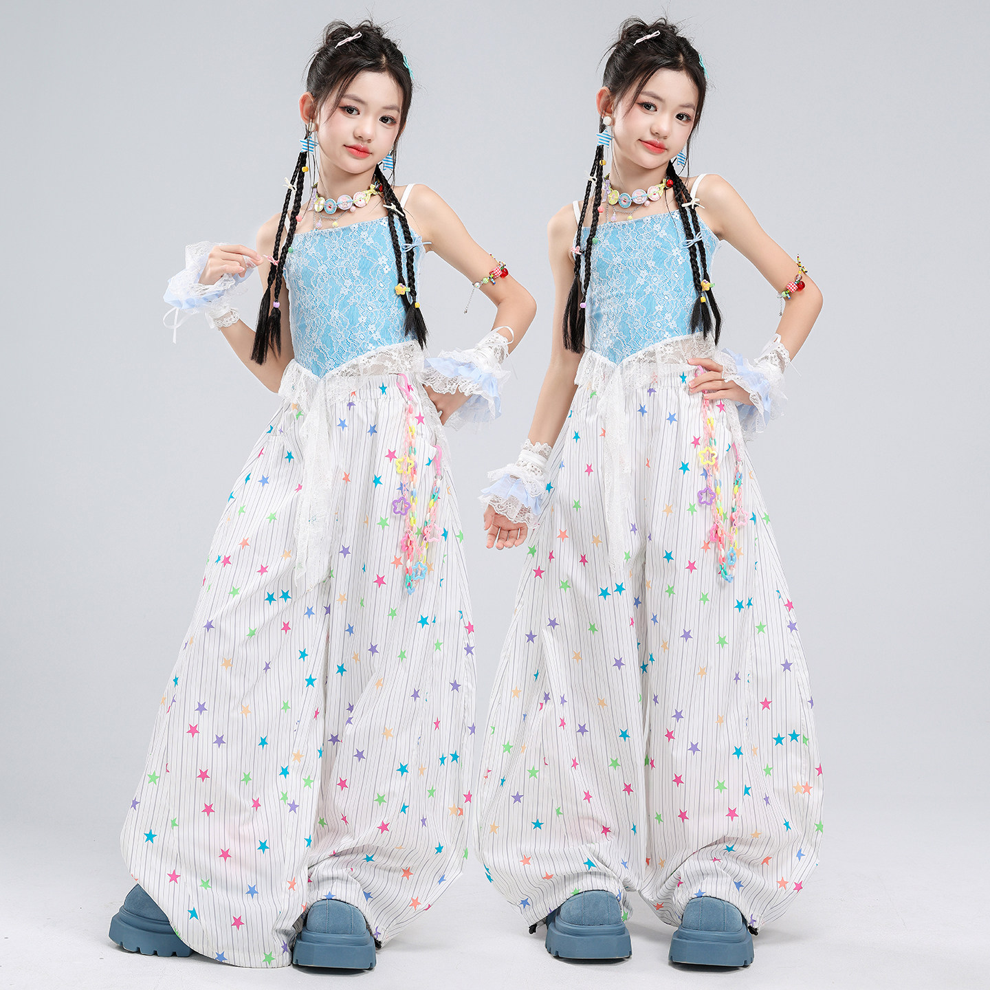 女童爵士舞服装露脐蕾丝流苏吊带舞蹈服套装jazz街舞女孩表演服女