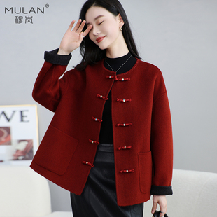 秋冬新短款中式国风盘扣双面呢羊绒大衣女式羊毛撞色宽松大码外套