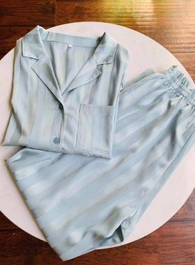 ponyo同款小红书睡衣女春夏冰丝绸缎长袖长裤薄简约条纹家居服o家