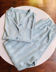 薄简约条纹家居服o家 长裤 ponyo同款 小红书睡衣女春夏冰丝绸缎长袖