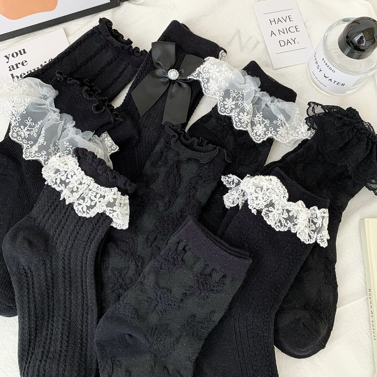 黑色蕾丝花边女袜纯棉学院风