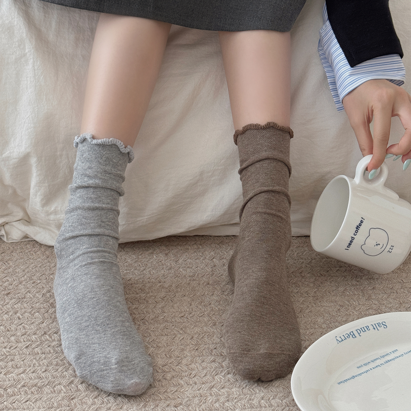 纯棉无骨木耳边袜子女jk小皮鞋日系韩版中筒袜春秋季白色纯色长袜