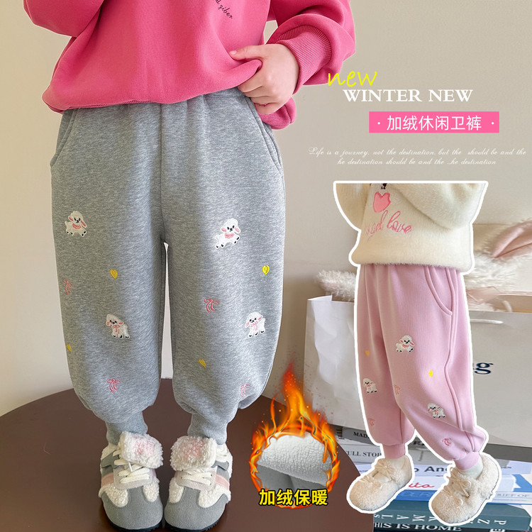 女童绣花小狗加绒卫裤冬装2025新款女小童加厚休闲裤一体绒运动裤