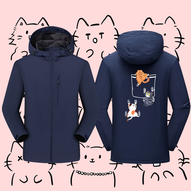 可爱卡通小猫咪印花连帽冲锋衣