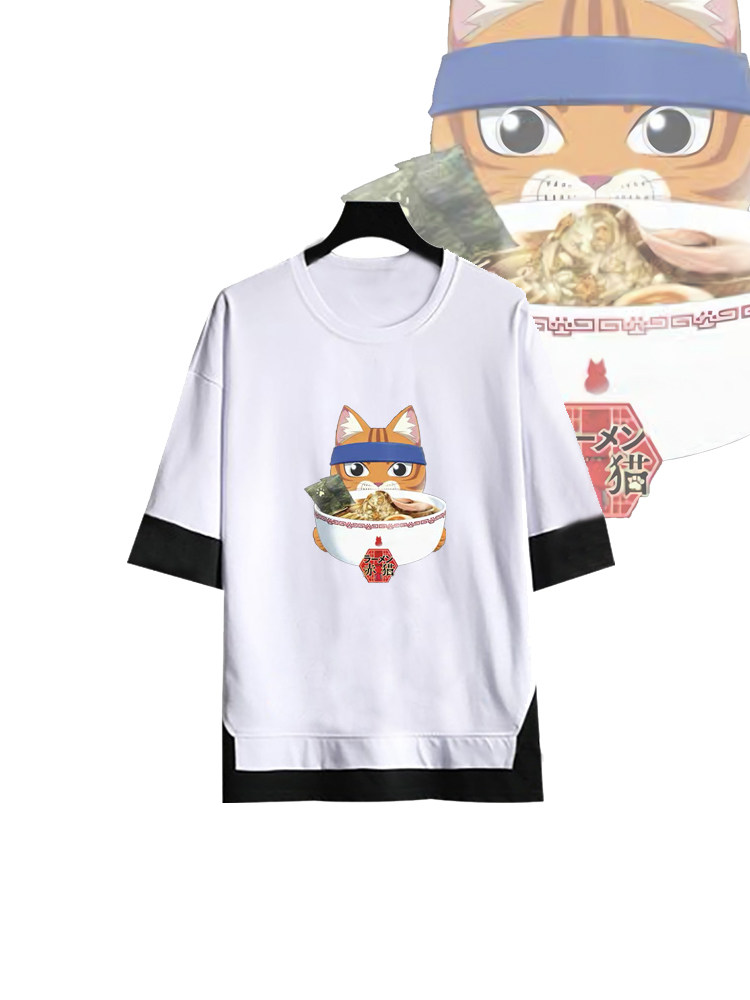 新款日系二次元拉面赤猫动漫周边印花假两件男女纯棉宽松五分袖T