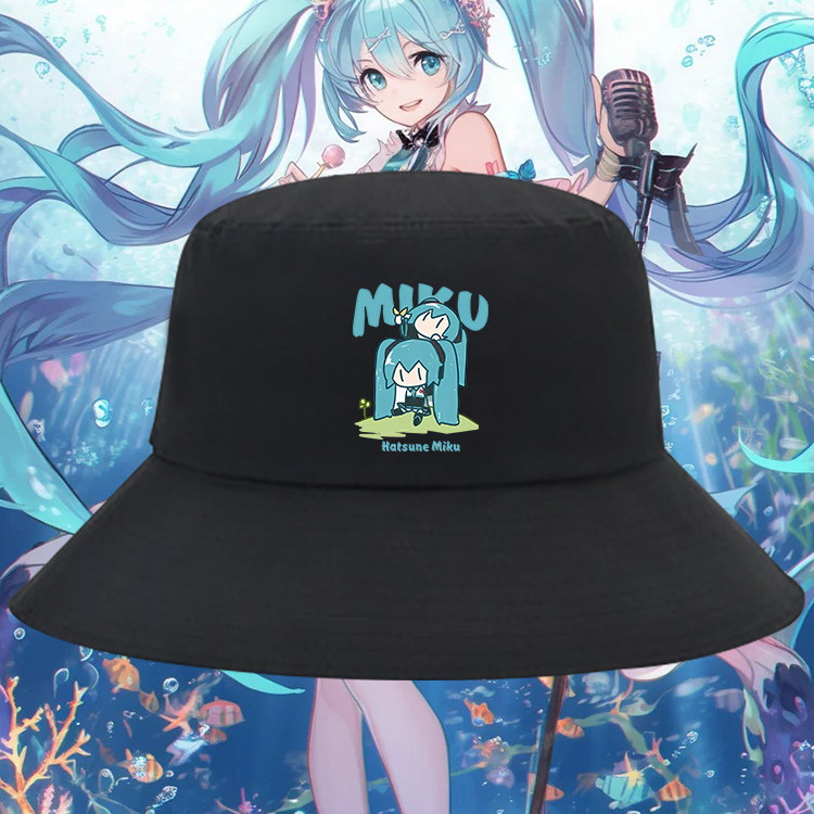 初音MIKU未来周边cos二次元印花渔夫帽男女纯棉遮阳出游户外盆帽