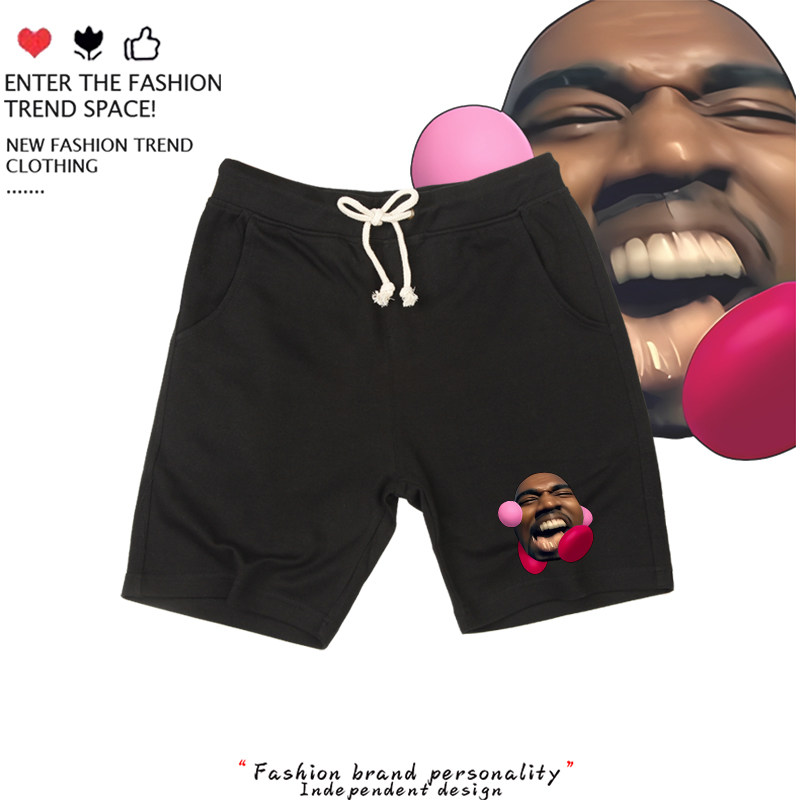 Kanye West侃爷星之卡比嘻哈说唱恶搞美式印花短裤宽松运动五分裤