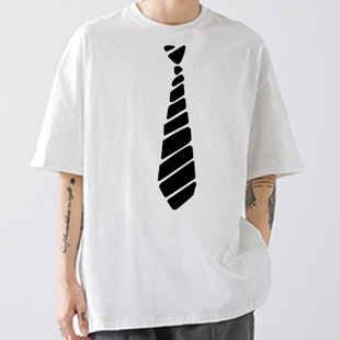 假领带印花图案新款个性小领结领带短袖T桖男女时尚潮流纯棉衣服