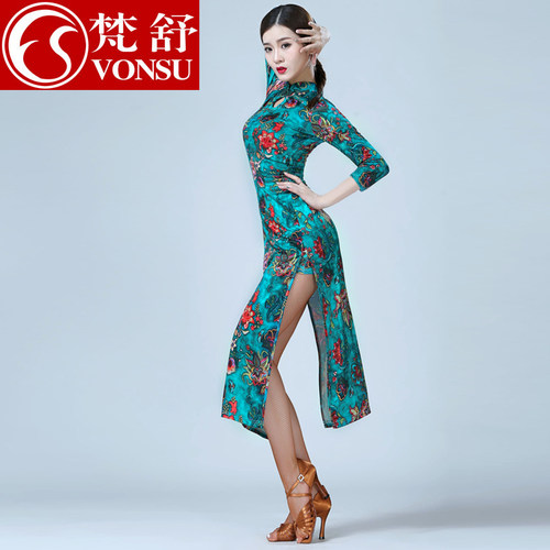 梵舒花色长款旗袍练习表演拉丁舞