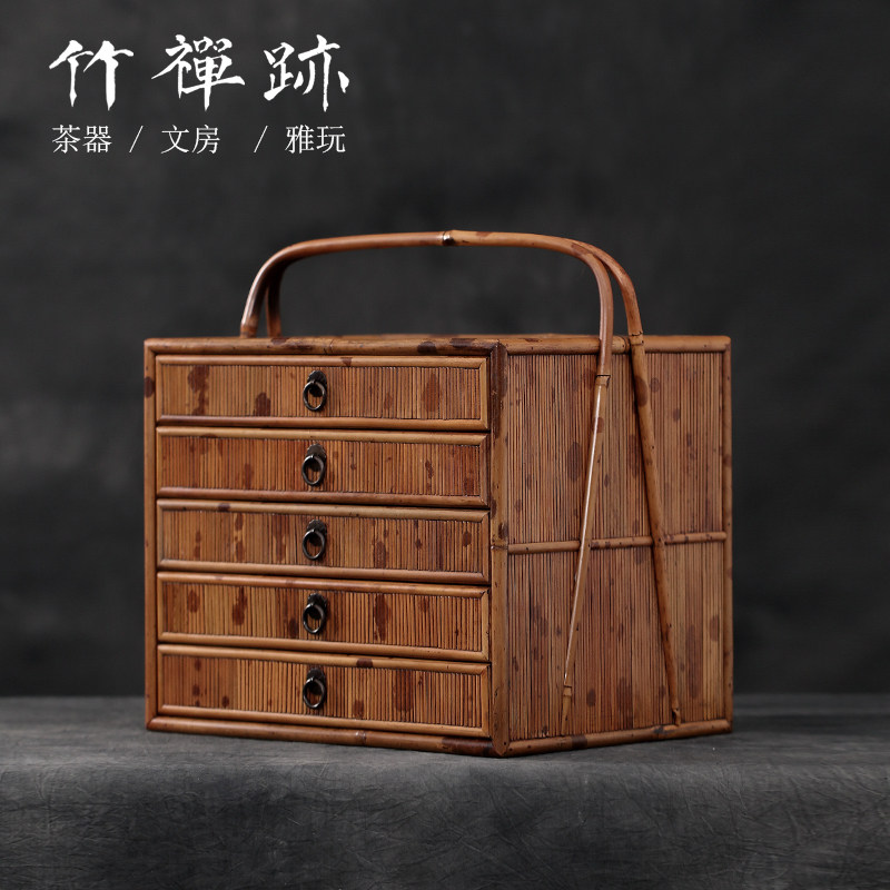 竹禅迹|五抽茶箱福建红湘妃竹提箱收纳箱仿古竹编茶道收纳盒提篮_虎窝淘