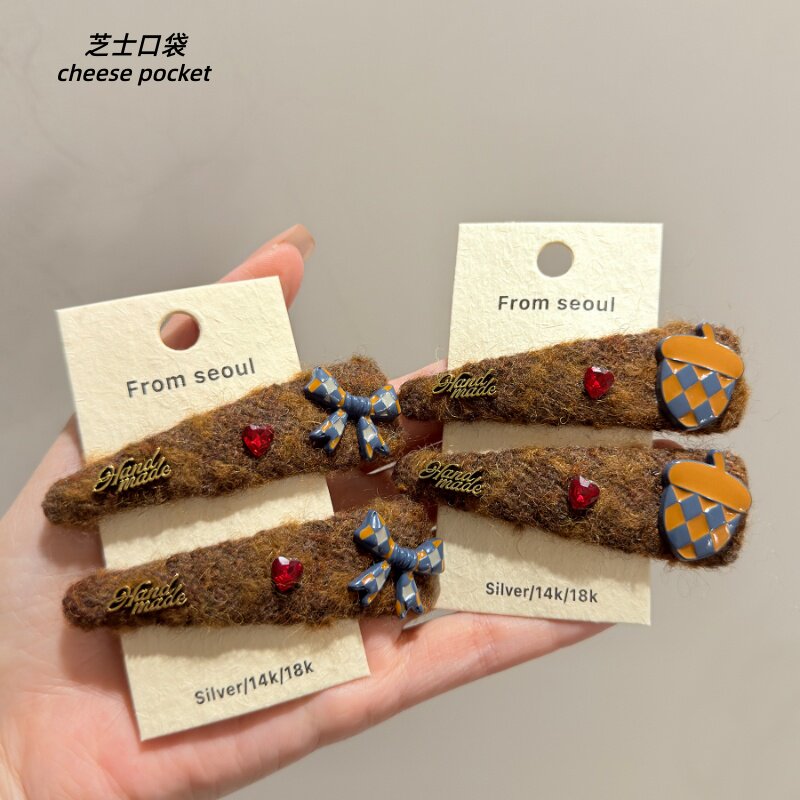 韩国东大门个性格纹蝴蝶结松果发夹时尚可爱百搭侧边刘海碎发夹子