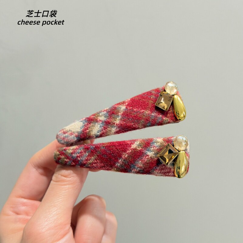 韩国气质红色格纹闪钻发夹时尚氛围感甜美侧边刘海碎发掰掰夹发饰
