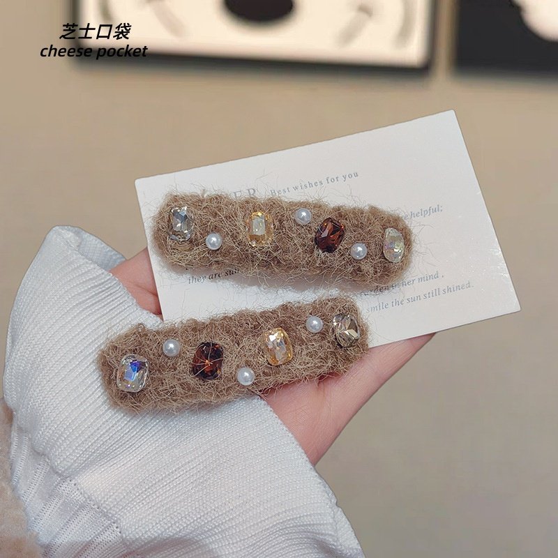 轻奢毛呢水钻咖色系碎发夹韩版bb夹高端刘海夹发夹女秋冬新款发饰