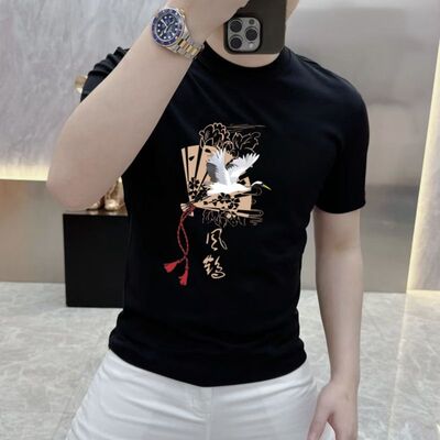 风鹤晴空情侣装文字印花2025夏新款男半袖国潮宽松纯棉T恤短袖女