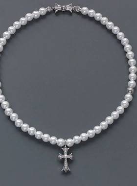新款克罗*家十字架珍珠项链新款轻奢小众高贵优雅8mm仿施家珍珠锁