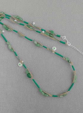 UNEN*家静中书系列绿织项链 新中式民族度假风绿东陵长款串珠项链