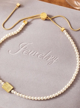 铜合金可抽拉珍珠项链春夏方牌吊坠时尚百搭轻奢锁骨链精致choker