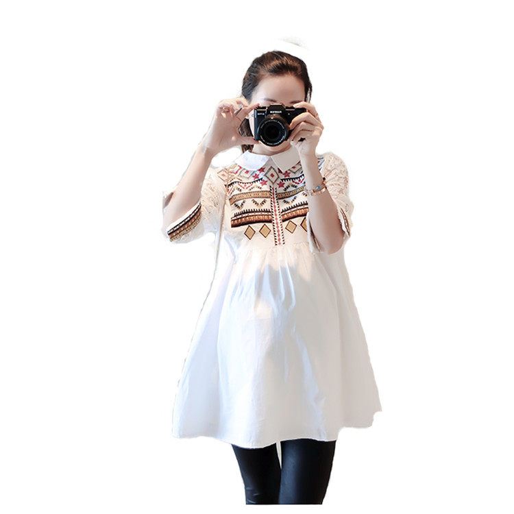 2024 MATERNITY SUMMER CLOTHES EMBROIDERED SHIRT CROPPED SLEEVE KOREAN VERSION DOLL PREGNANT WOMAN CASUAL COTTON SHIRT BASE LAYER