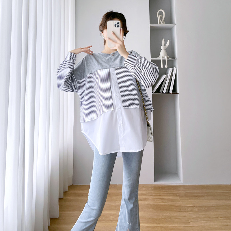 2024 MATERNITY TOP LOOSE SPRING AND AUTUMN KOREAN VERSION COTTON STITCHING LONG SLEEVE SWEATSHIRT T-SHIRT SHIRT LACTATION SHIRT