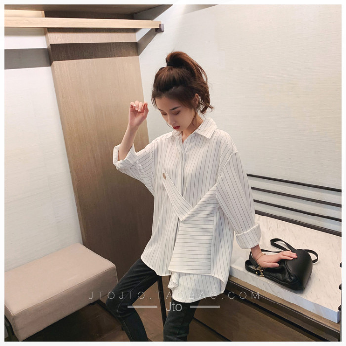 2024 PREGNANT WOMENS AUTUMN CLOTHES KOREAN VERSION STRIPED SHIRT WOMENS DESIGN SENSE NEW LOOSE MID-LENGTH IRREGULAR FOREIGN SHIRT