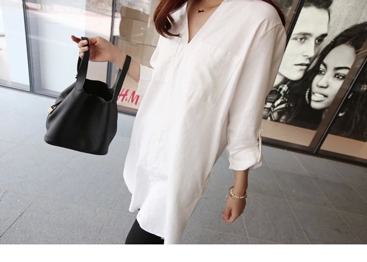 PREGNANT WOMEN SPRING AND AUTUMN CLOTHES KOREAN LOOSE PLUS SIZE MID LENGTH SHIRT WOMENS LONG SLEEVE V-NECK WHITE SHIRT VERSATILE TOP TIDE