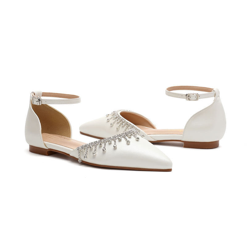白色主婚纱婚鞋皮面一字带女夏时尚流苏链舒适平底气质中空凉鞋43,女鞋,休闲凉鞋,淘宝优惠券,粉丝福利购,淘宝优惠卷
