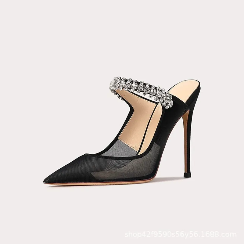 一字带水钻凉鞋女夏包头网纱半拖鞋细跟尖头高跟鞋黑色2024年新款