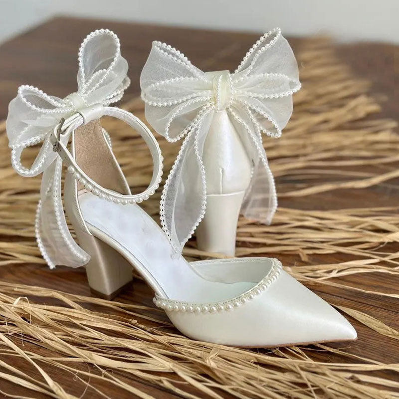 珍珠蝴蝶结粗跟中空高跟鞋2026夏季白色婚纱鞋尖头名媛扣带女鞋43,女鞋,浅口单鞋,淘宝优惠券,粉丝福利购,淘宝优惠卷