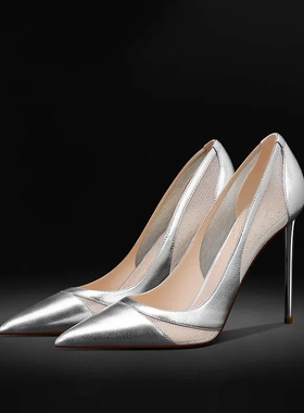 32-45码2024春季新款拼接网纱银色高跟鞋女尖头浅口气质细跟单鞋