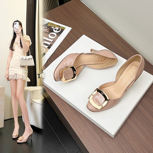 高跟鞋女高级感细跟气质中空凉鞋rv方扣单鞋白琮瑗同款漆皮裸粉色