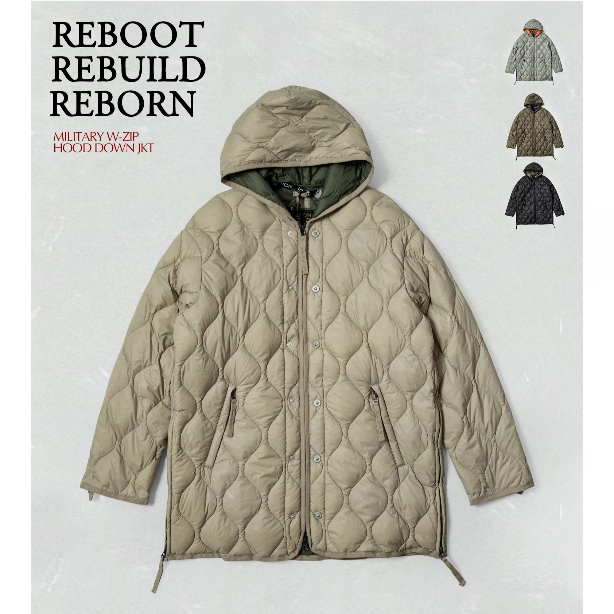 TAION男女宽松连帽羽绒服 侧开叉设计M65绗缝外套 轻盈保暖可收纳