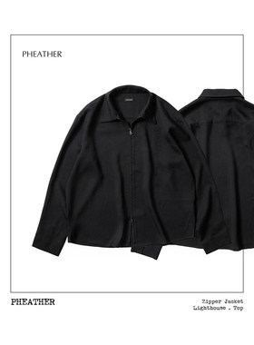 麻感抗皱衬衫式短宽垂顺拉链夹克 Pheather