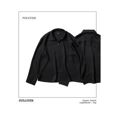麻感抗皱衬衫式短宽垂顺拉链夹克 Pheather