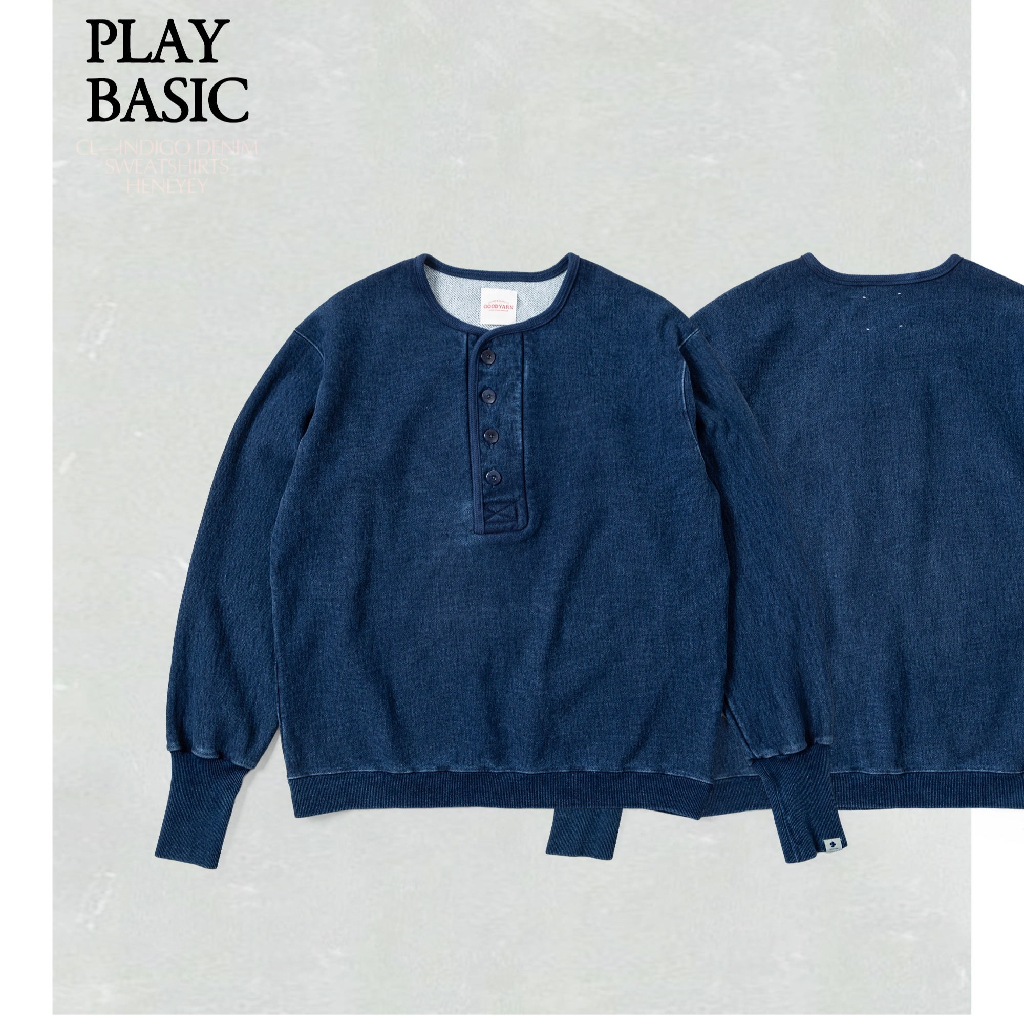 GOODYARN复古亨利领卫衣重磅蓝染横纹针织套头衫阿美咔叽