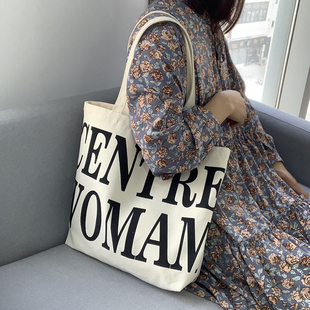 原创小众个子帆布包袋女港风单肩简约带拉链文艺大容量学生上课夏