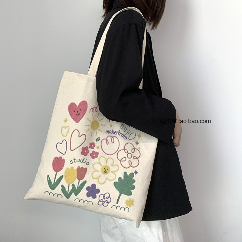 大容量原创帆布包女ins风韩系夏季可爱手提包竖款拉链环保袋定制