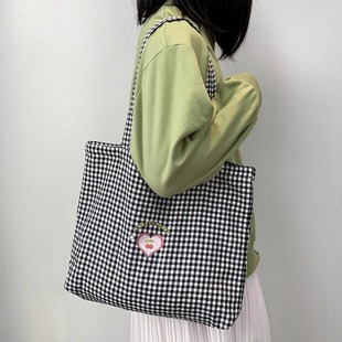 小清新黑红色格子帆布包女原创带拉链大容量学生通勤单肩手提包袋