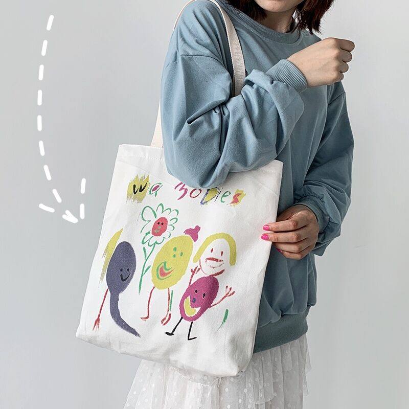 帆布包女ins风单肩韩版原宿ulzzang日系卡通学生简约手提袋带拉链