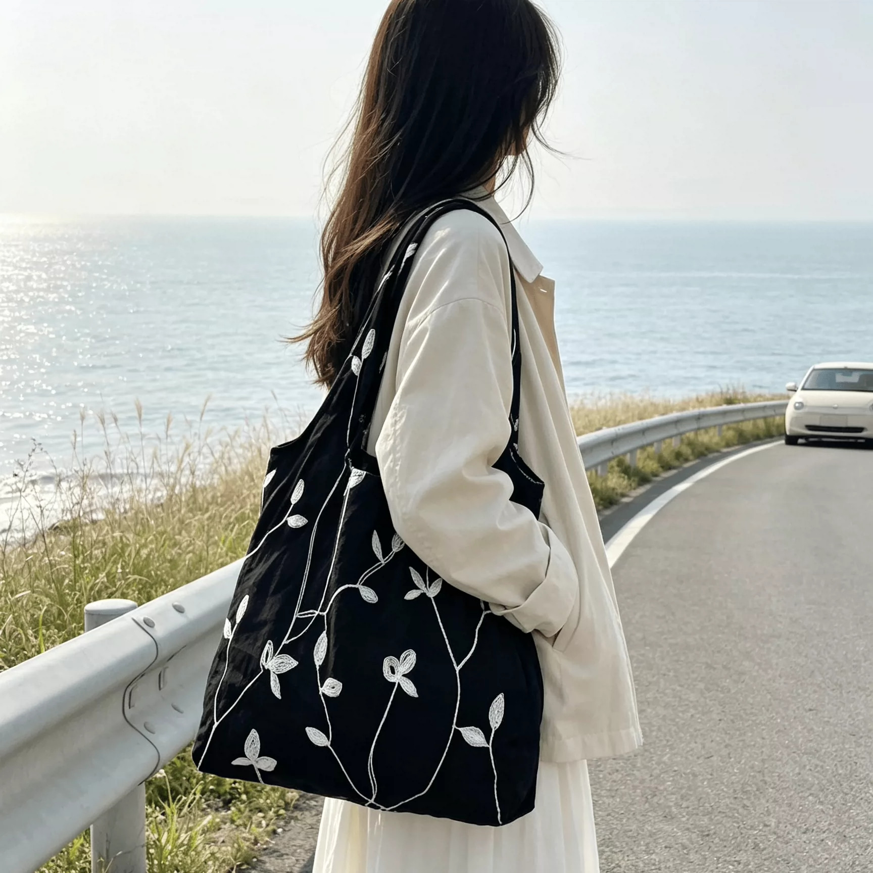 小清新刺绣树叶帆布包大容量