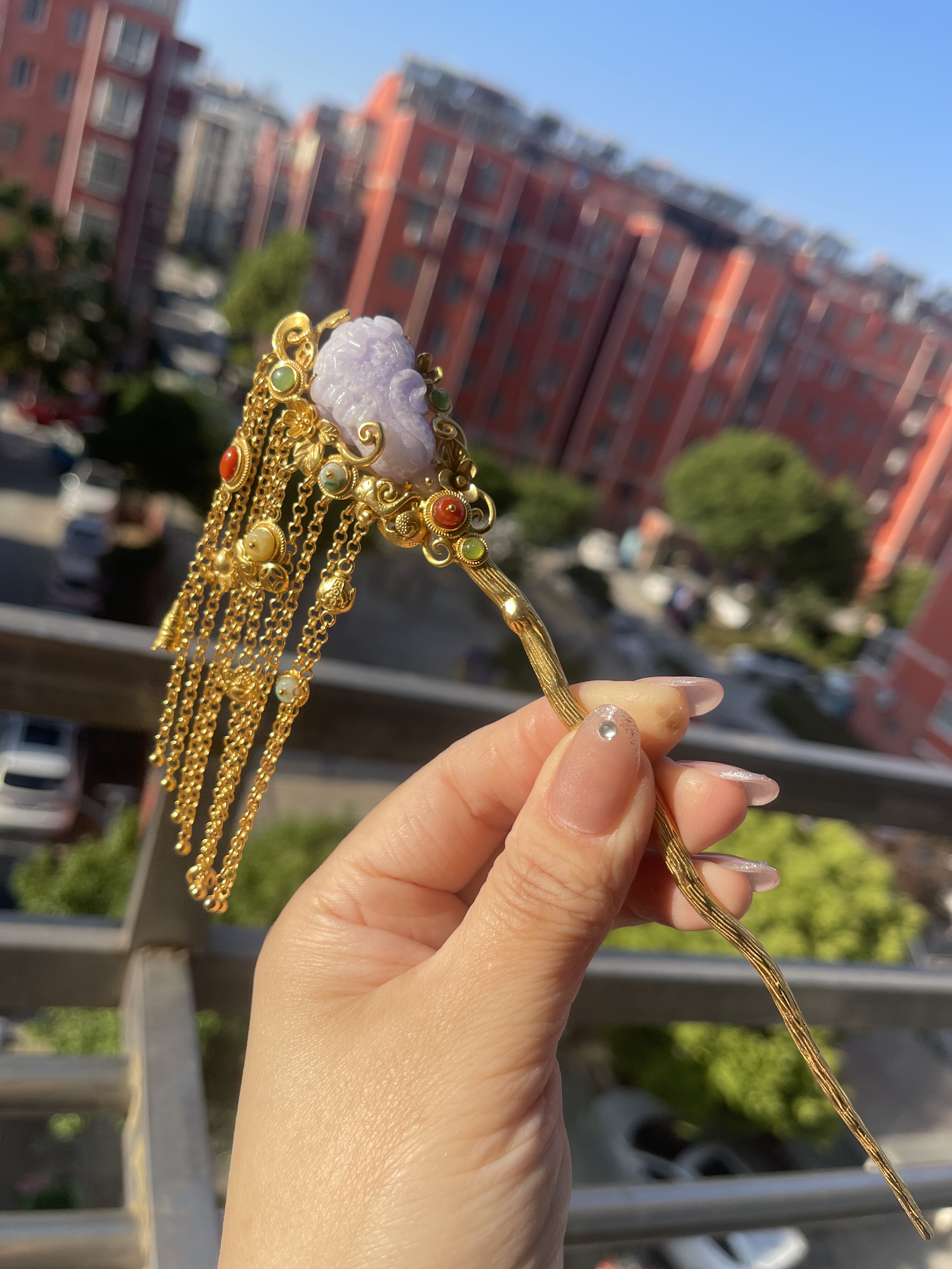 天然翡翠A货紫翡白菜发簪流苏步缅甸翡翠